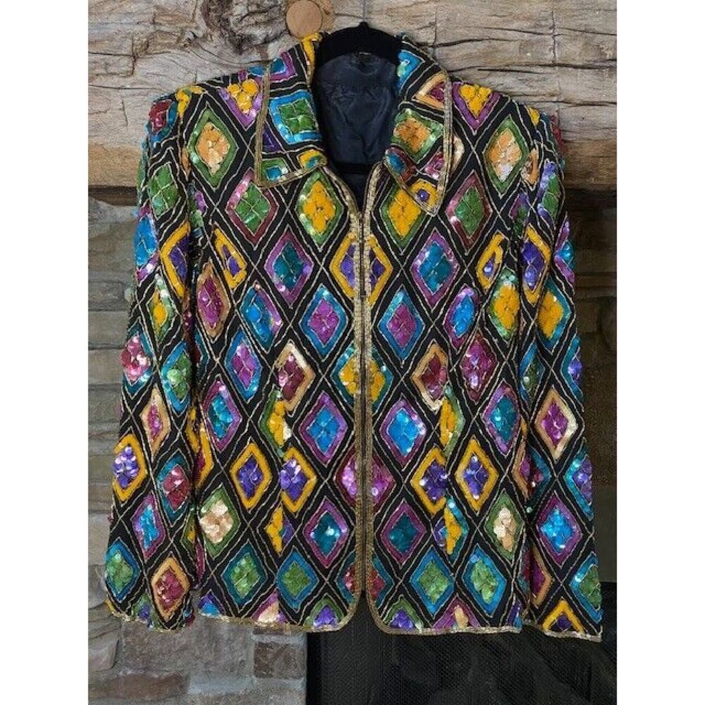 New Original VTG Medium Mary McFadden Multicolor Silk Chiffon Sequined Jacket